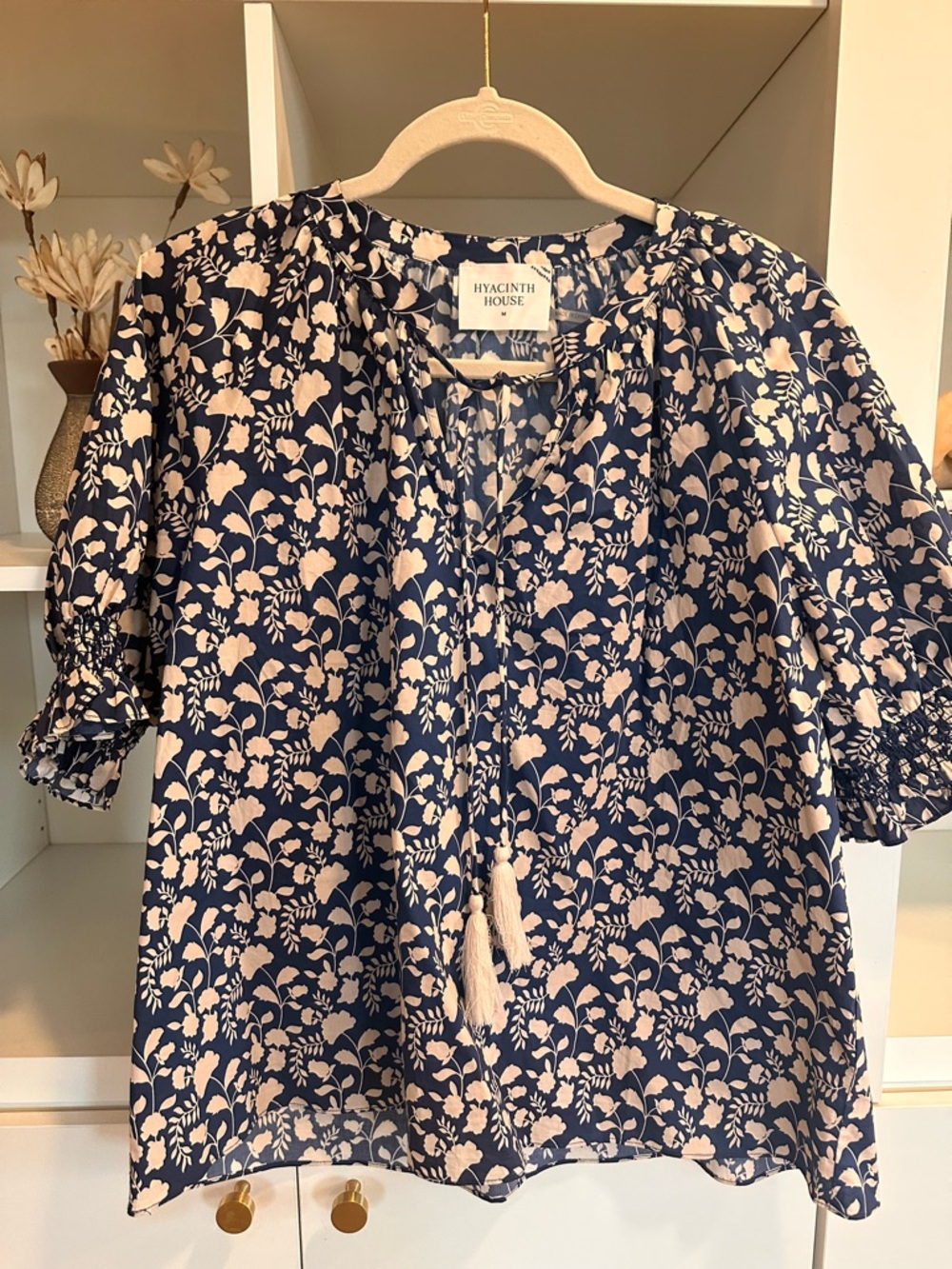 Hyacinth House Navy Floral V-Neck Puff Sleeve Blouse